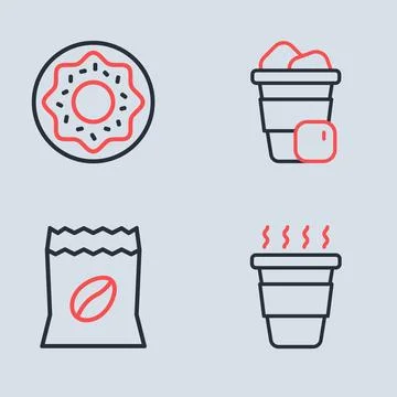 Set line Iced coffee, Bag beans, Coffee cup to go and Donut icon. Vector Stock Illustration