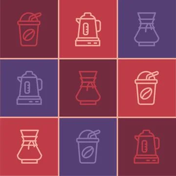 Set line Iced coffee, Pour over maker and Electric kettle icon. Vector Stock Illustration