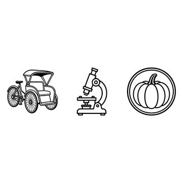 Set of line icons featuring rickshaw microscope and pumpkin Stock Illustration