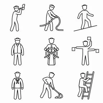 Set of line icons people at work, laborers, sailors, workers Silhouette Stock Illustration