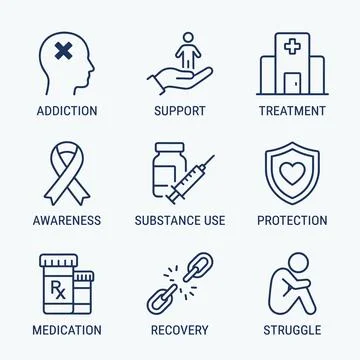 Set of line icons representing addiction, support, treatment, awareness, su.. 스톡 일러스트