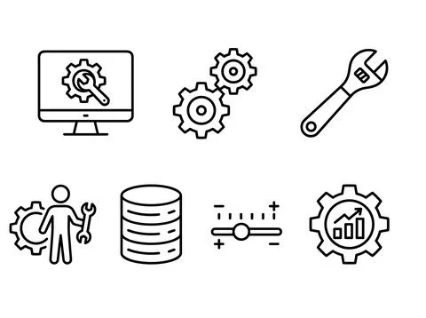 Set of line icons representing computer repair, gears, wrench, database, se.. Stock Illustration