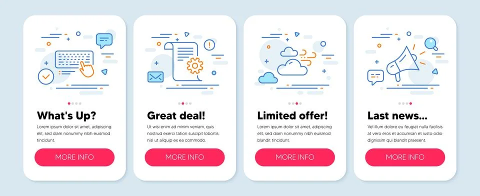 Set of line icons, such as Technical documentation, Windy weather, Computer Stock-Illustration