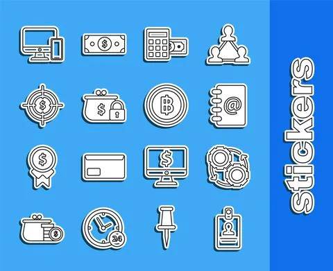 Set line Identification badge, Address book, Calculator with dollar symbol イラスト素材