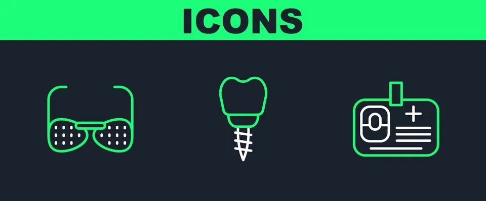Set line Identification badge, Blind glasses and Dental implant icon. Vector Stock Illustration