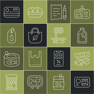 Set line Identification badge, Candy, Bottle for cleaning agent, Shopping list Stock Illustration
