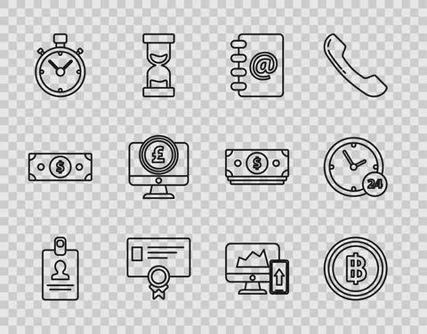 Set line Identification badge, Certificate template, Stopwatch, Computer monitor Illustrazione stock