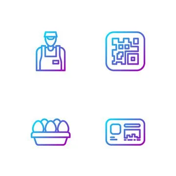 Set line Identification badge, Chicken egg in box, Seller and QR code. Gradient Stock Illustration