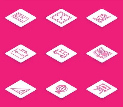 Set line Identification badge, Clock, Glass test tube flask fire, Briefcase Stock Illustration