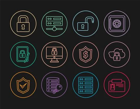 Set line Identification badge, Cloud computing lock, Open padlock, Lock computer Stock Illustration