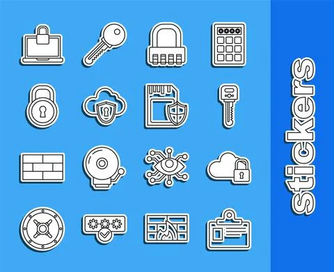 Set line Identification badge, Cloud computing lock, Key, Safe combination, and Stock Illustration