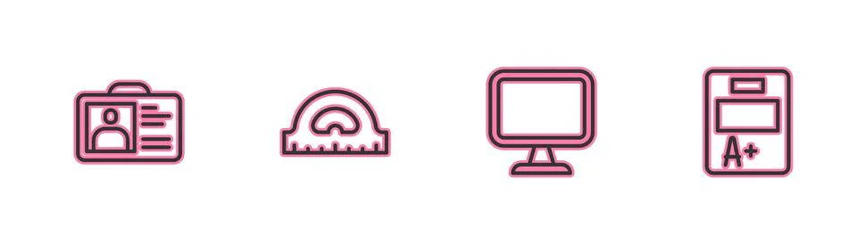 Set line Identification badge, Computer monitor, Protractor grid and Exam sheet Illustrazione stock