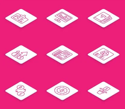 Set line Identification badge, Computer with growth graph, Office folders Stock Illustration