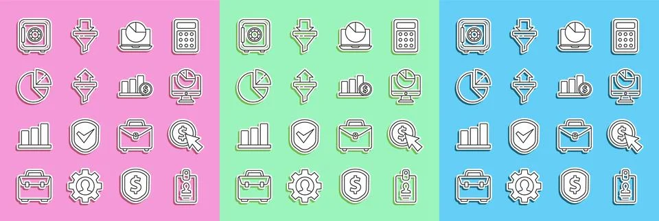 Set line Identification badge, Cursor and coin, Computer monitor with graph.. 스톡 일러스트