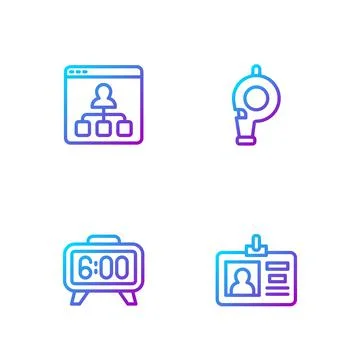Set line Identification badge, Digital alarm clock, Online education and Whistle Illustrazione stock