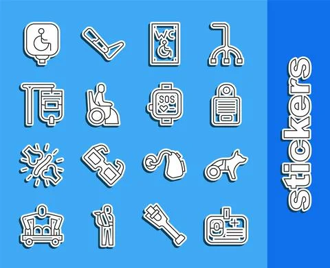 Set line Identification badge, Dog in wheelchair, Intercom, Separated toilet for Stock Illustration