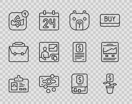 Set line Identification badge, Dollar plant, Bear market, Stacks paper mone.. Stock Illustration