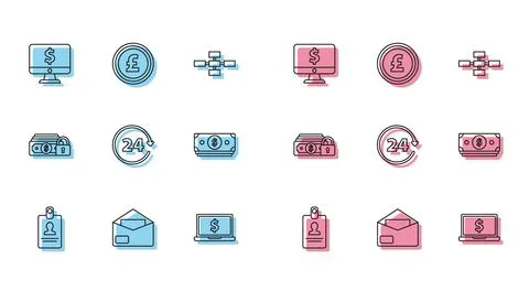 Set line Identification badge, Envelope, Computer monitor with dollar symbo.. イラスト素材