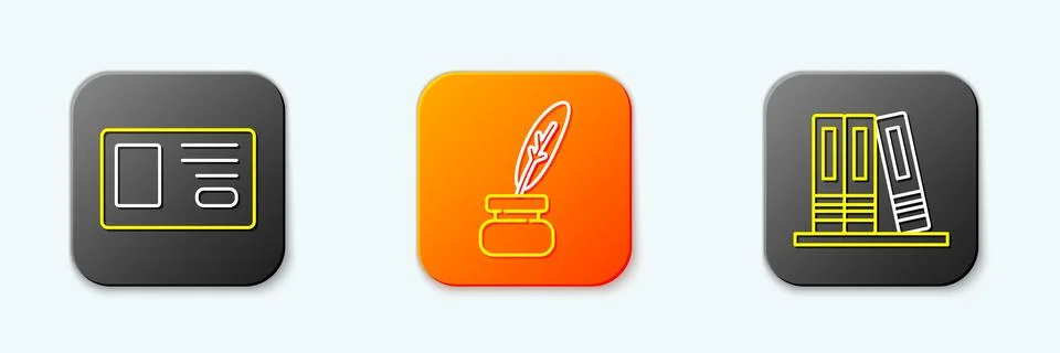 Set line Identification badge, Feather and inkwell and Office folders icon... Stock Illustration
