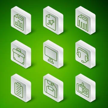 Set line Identification badge, Floppy disk, Document with graph chart, Computer Stock-Illustration