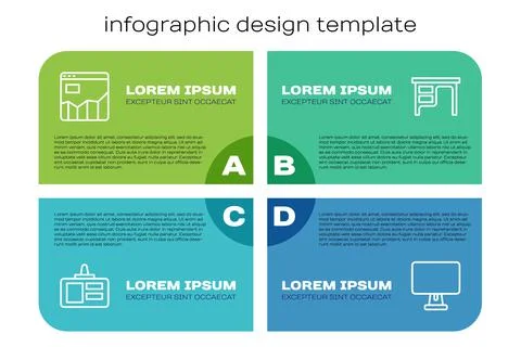Set line Identification badge, Graph chart infographic, Computer monitor and Illustrazione stock
