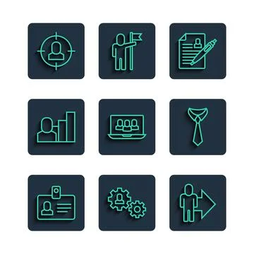 Set line Identification badge, Human with gear, Leader of team of executive.. Stock Illustration