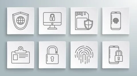 Set line Identification badge, Lock computer monitor screen, Open padlock, .. Stockillustratie