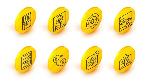 Set line Identification badge, Mobile stock trading, Cryptocurrency exchange Illustrazione stock