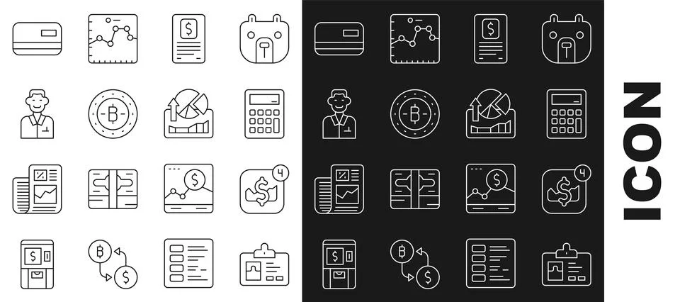 Set line Identification badge, Mobile stock trading, Calculator, Business fin Illustrazione stock