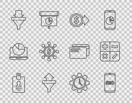 Set line Identification badge, Mobile phone SEO optimization, Coin money wi.. Stock Illustration