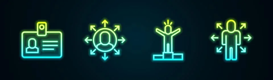 Set line Identification badge, Multitasking manager working, Productive human Illustrazione stock