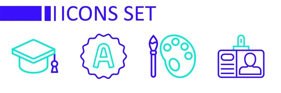 Set line Identification badge, Paint brush with palette, Exam sheet A plus .. Stock Illustration
