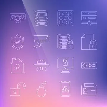 Set line Identification badge, Password protection, Document and lock, Graphic Illustrazione stock
