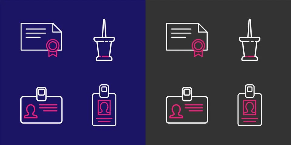 Set line Identification badge, Push pin and Certificate template icon. Vector Stock Illustration