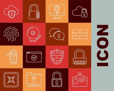 Set line Identification badge, Safe combination lock, Bricks, Computer monitor Stock-Illustration