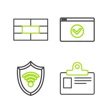Set line Identification badge, Shield with WiFi wireless internet network, .. Stock Illustration