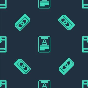 Set line Identification badge, Stacks paper money cash and Envelope on seamless Illustrazione stock