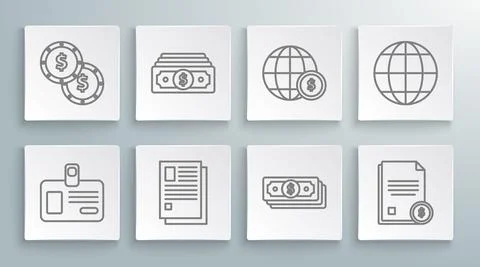 Set line Identification badge, Stacks paper money cash, File document, Finance Stock Illustration