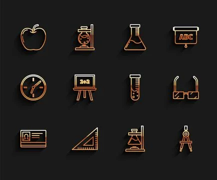 Set line Identification badge, Triangular ruler, Apple, Glass test tube flask Illustrazione stock