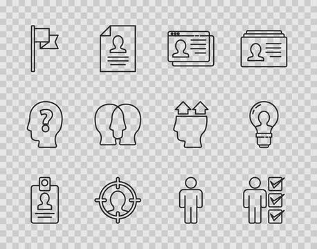Set line Identification badge, User of man in business suit, Resume, Head h.. Stock Illustration