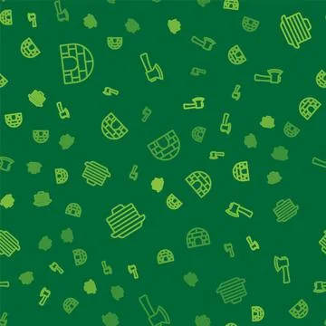 Set line Igloo ice house, Stack of pancakes and Wooden axe on seamless pattern Stock Illustration
