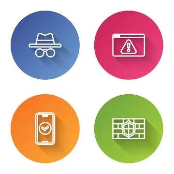 Set line Incognito mode, Browser with exclamation mark, Smartphone and Shie.. Stock Illustration