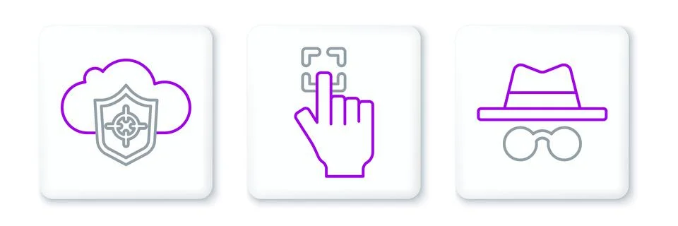 Set line Incognito mode, Cloud and shield and Fingerprint icon. Vector 스톡 일러스트