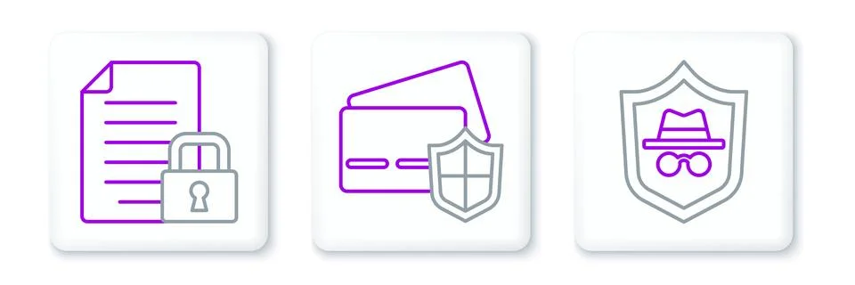 Set line Incognito mode, Document and lock and Credit card with shield icon Illustrazione stock