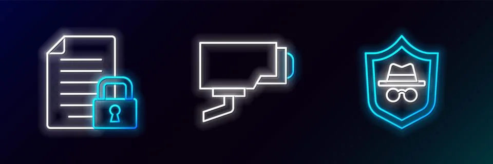 Set line Incognito mode, Document and lock and Security camera icon. Glowing Illustrazione stock