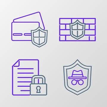 Set line Incognito mode, Document and lock, Shield with brick wall and Credit Stock Illustration