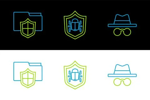 Set line Incognito mode, Document folder protection and System bug icon. Vector Stock Illustration