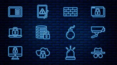 Set line Incognito mode, Security camera, Firewall, security wall, Server with Illustrazione stock