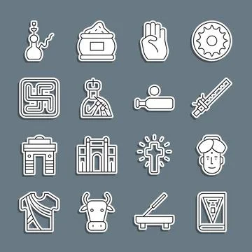 Set line India constitution day, Indian man, Bamboo flute indian, symbol hand Stock-Illustration