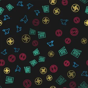 Set line India map, Bollywood indian cinema, Hindu swastika and Yin Yang on Stock Illustration